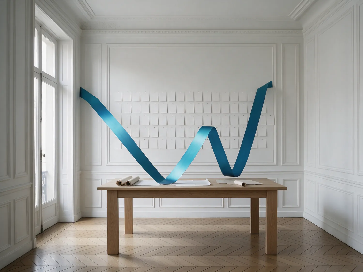 Le ruban longe un mur de fiches et se pose sur la table des plans.