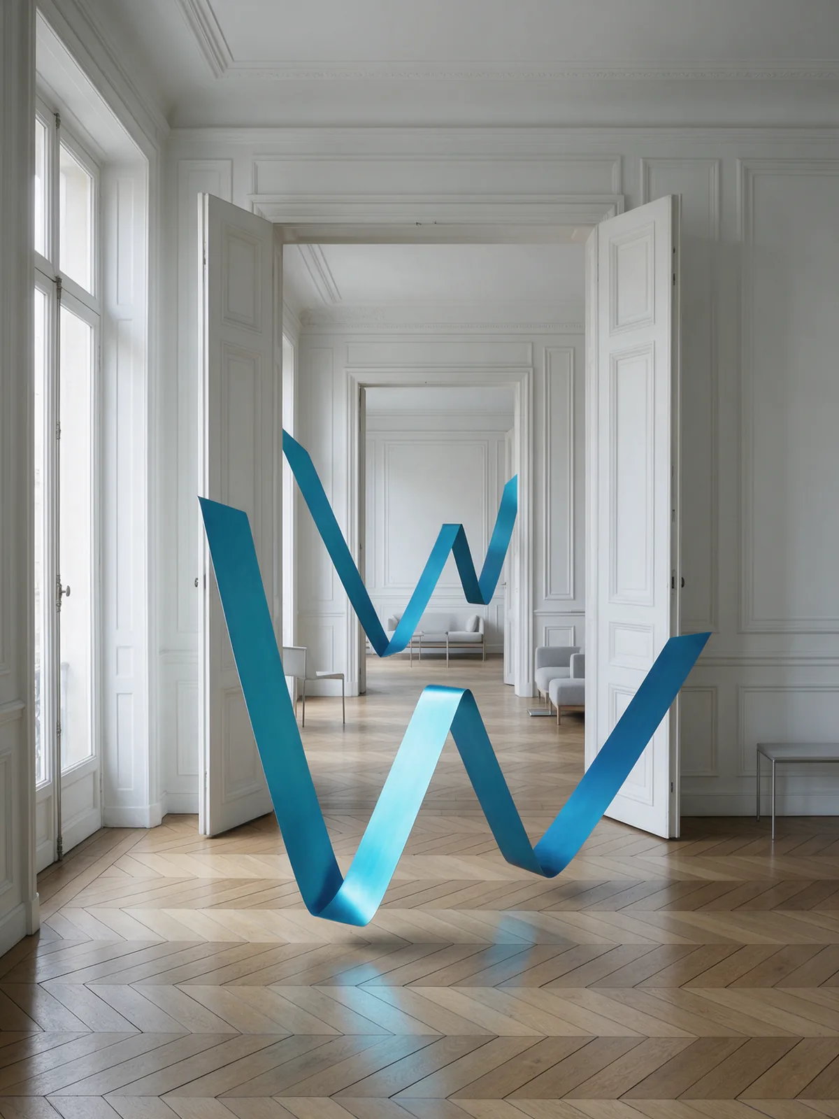 Un ruban bleu plié en zigzag traverse une enfilade de bureaux haussmanniens.