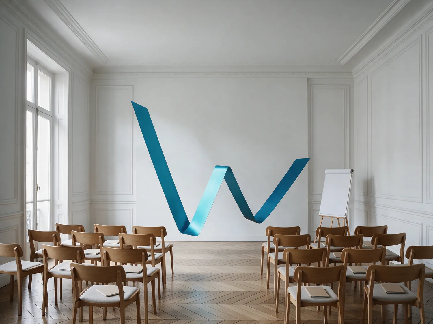 Le ruban traverse une salle de formation, entre les chaises et le tableau.
