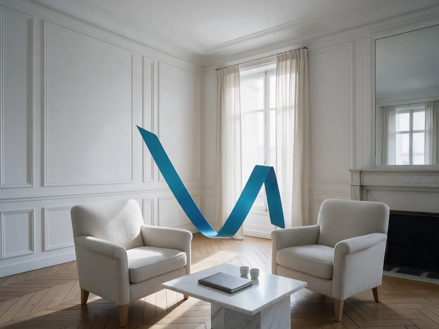 Le ruban passe entre deux fauteuils, devant une table basse.